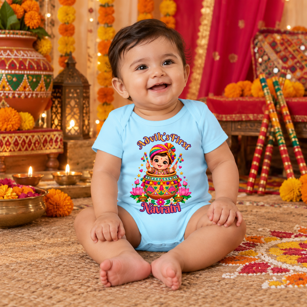 Personalized Baby’s First Navratri Romper | Blue Festive Baby Design