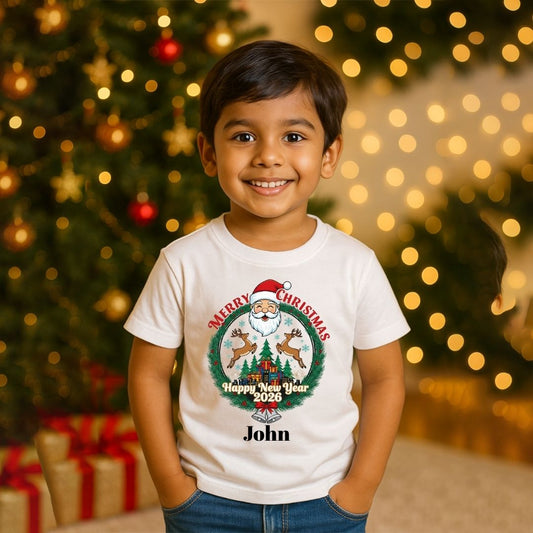 Personalized "Merry Christmas Happy New Year 2026" Kids T-Shirt | Custom Name Santa & Reindeer Tee