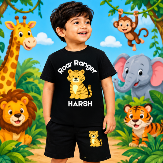Roar Ranger Kids Co-Ord Set | Custom Name Cotton T-Shirt & Shorts for Boys & Girls