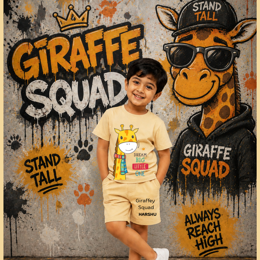 Giraffe Squad Kids Co-Ord Set | Custom Name Cotton T-Shirt & Shorts for Boys & Girls