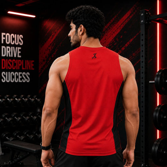 Men's Red Dry-Fit Sleeveless Gym T-Shirt for Workout & Training