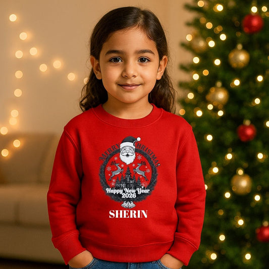 Personalized "Merry Christmas Happy New Year 2026" Kids Sweatshirt | Custom Name Santa & Reindeer