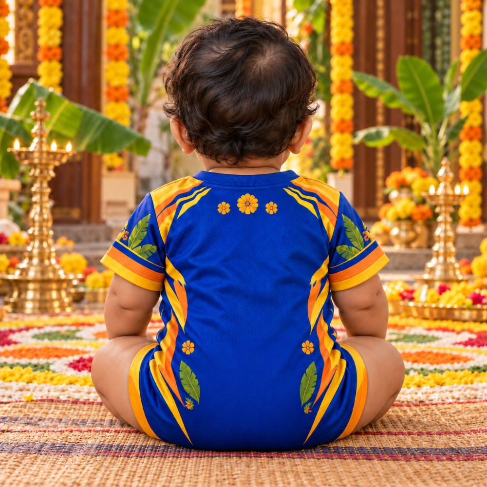 My First Ayutha Pooja Baby Jersey Romper | Blue Motorcycle Festive Print