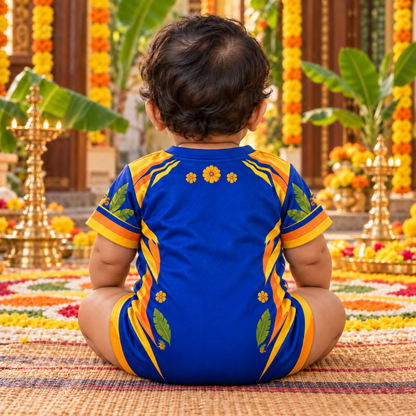 My First Ayutha Pooja Baby Jersey Romper | Blue Motorcycle Festive Print