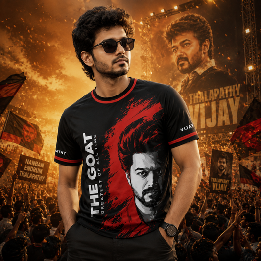 The G.O.A.T. Thalapathy Vijay Fan T-Shirt for Men | Premium Black Half Sleeve Graphic Jersey