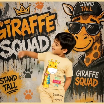 Giraffe Squad Kids Co-Ord Set | Custom Name Cotton T-Shirt & Shorts for Boys & Girls