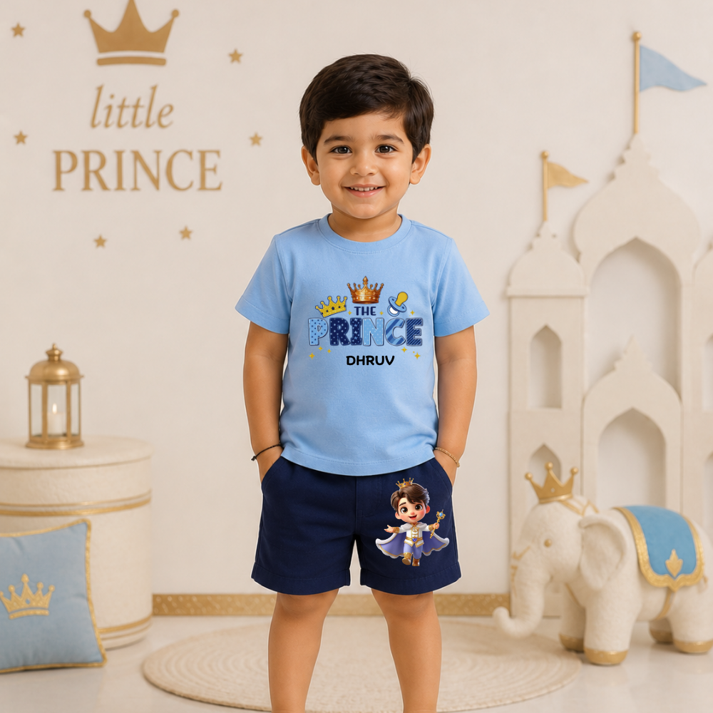 Little Prince Kids Co-Ord Set | Custom Name Cotton T-Shirt & Shorts for Boys