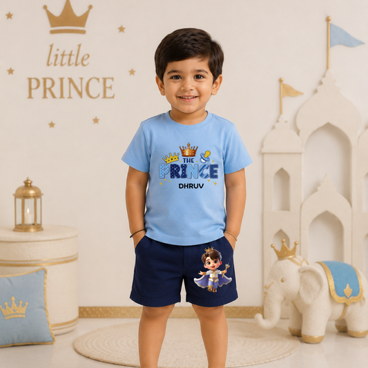 Little Prince Kids Co-Ord Set | Custom Name Cotton T-Shirt & Shorts for Boys