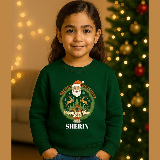 Personalized "Merry Christmas Happy New Year 2026" Kids Sweatshirt | Custom Name Santa & Reindeer
