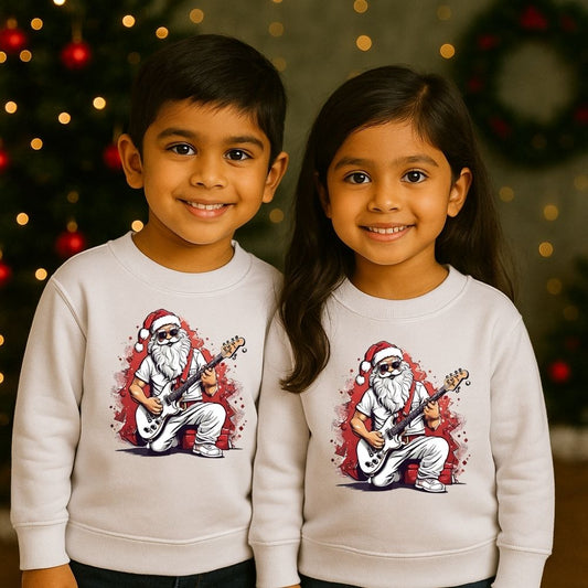 Rock and Roll Santa Print Christmas Sweatshirt for Siblings