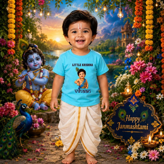 My Little Krishna Personalized Janmashtami Kids Round Neck T-Shirt – Custom Name