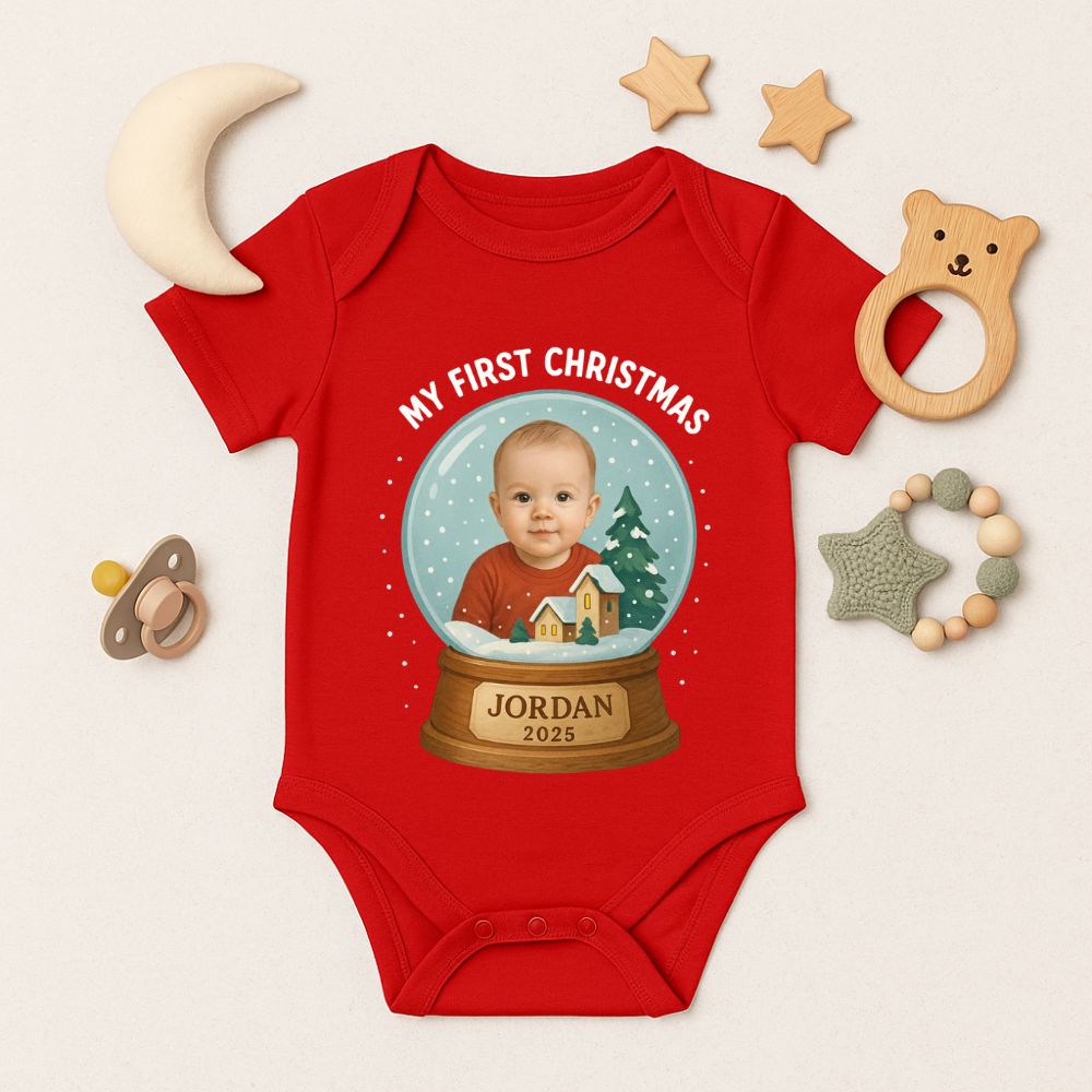 Personalized "My First Christmas 2025" Photo Snow Globe Baby Romper