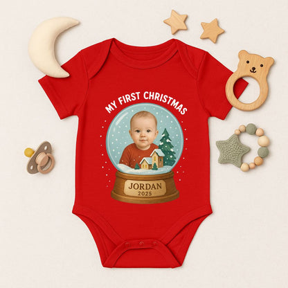 Personalized "My First Christmas 2025" Photo Snow Globe Baby Romper