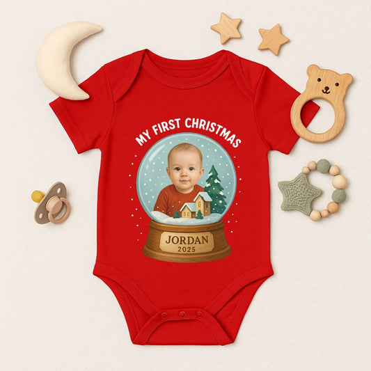 Personalized "My First Christmas 2025" Photo Snow Globe Baby Romper