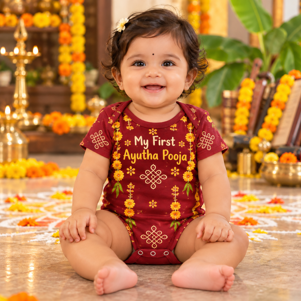 My First Ayutha Pooja Baby Romper | Maroon Marigold Festive Onesie