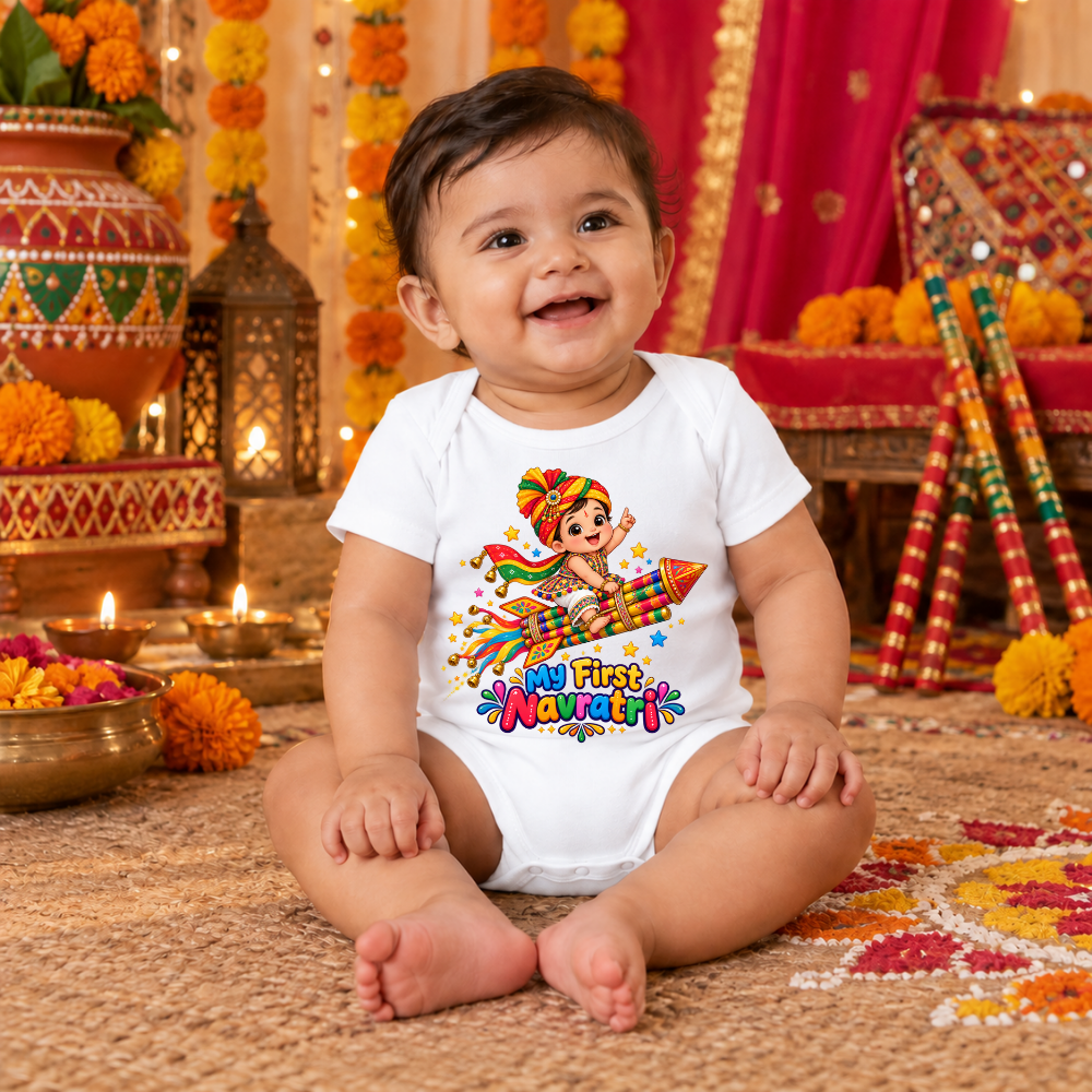My First Navratri Baby Romper | White Festive Rocket Design