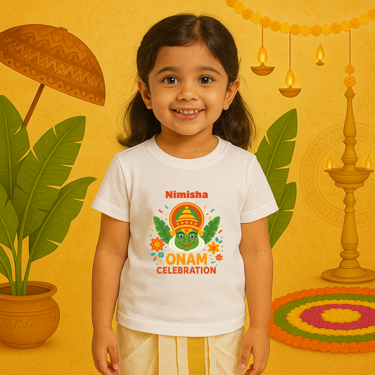Adorable Personalized Kids Onam T-Shirt | Fun Cartoon Onam Celebration Tee