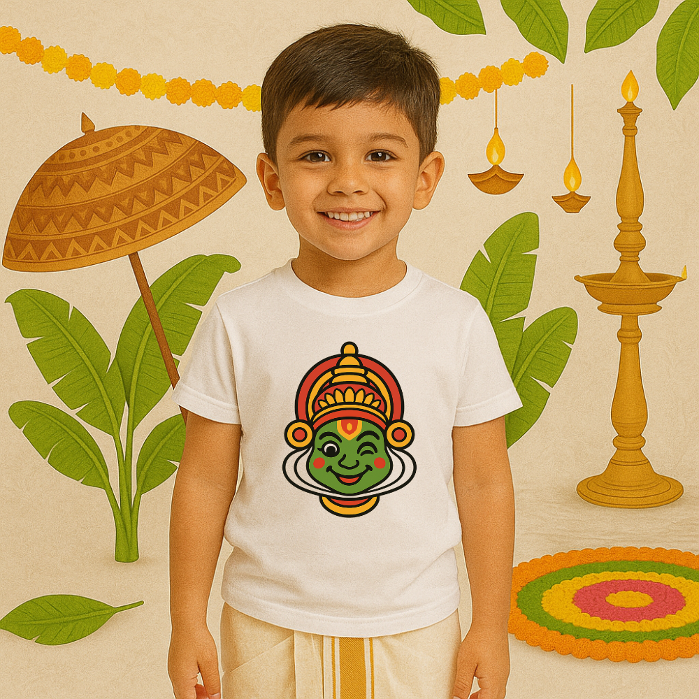 Kathakali Face Printed Kids T-Shirt – Traditional Kerala Onam Festival Outfit