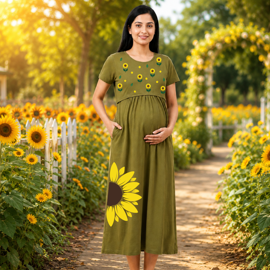 Soft Cotton Maternity & Nursing Dress with Convenient Side Pockets