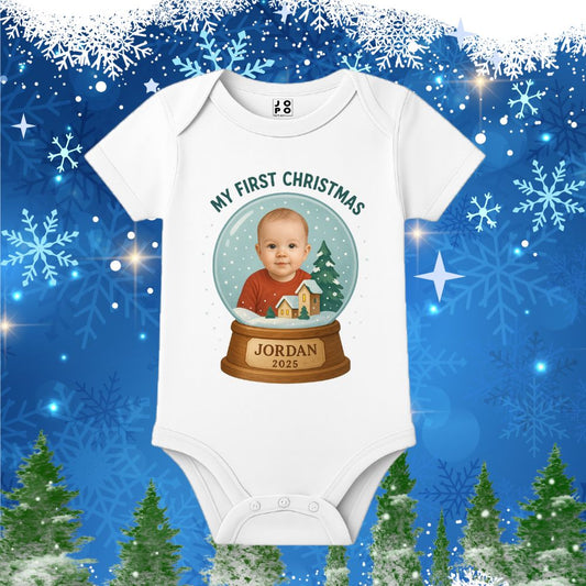 Personalized "My First Christmas 2025" Photo Snow Globe Baby Romper
