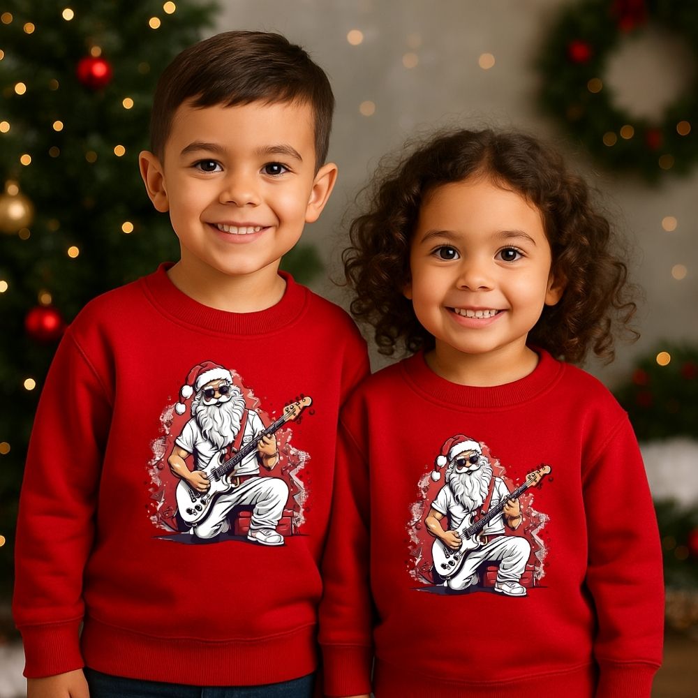 Rock and Roll Santa Print Christmas Sweatshirt for Siblings