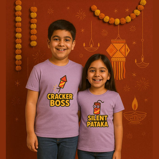 "Cracker Boss" & "Silent Pataka" Sibling Diwali T-Shirt Set