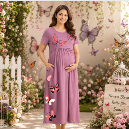 Soft Cotton Maternity & Nursing Dress with Convenient Side Pocket