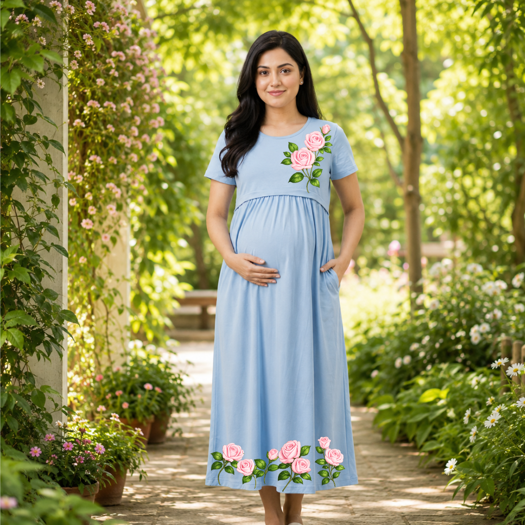 Soft Cotton Maternity & Nursing Dress with Convenient Side Pocket
