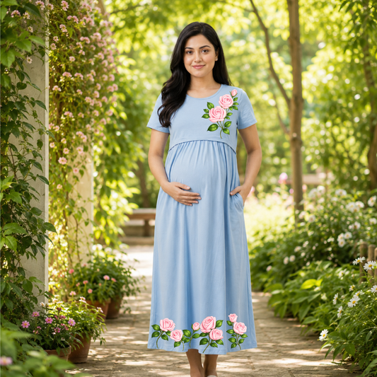 Soft Cotton Maternity & Nursing Dress with Convenient Side Pocket