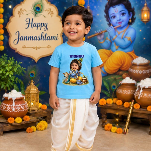 Little Krishna Custom Photo Personalized Janmashtami Kids T-Shirt – Custom Name