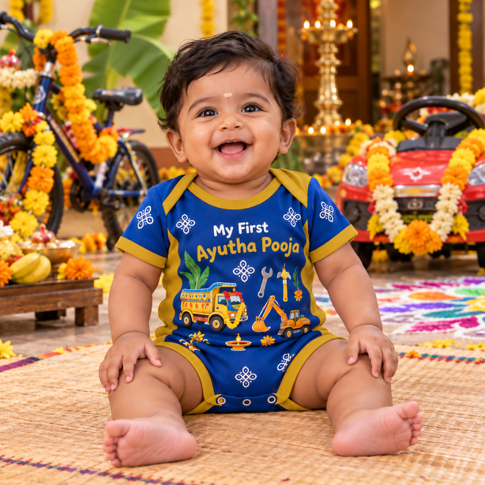 My First Ayutha Pooja Baby Jersey Romper | Blue Vehicle & Tools Print