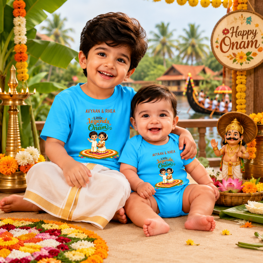 Onam Family Sibling T-Shirt & Baby Romper Combo | Premium Cotton Outfit
