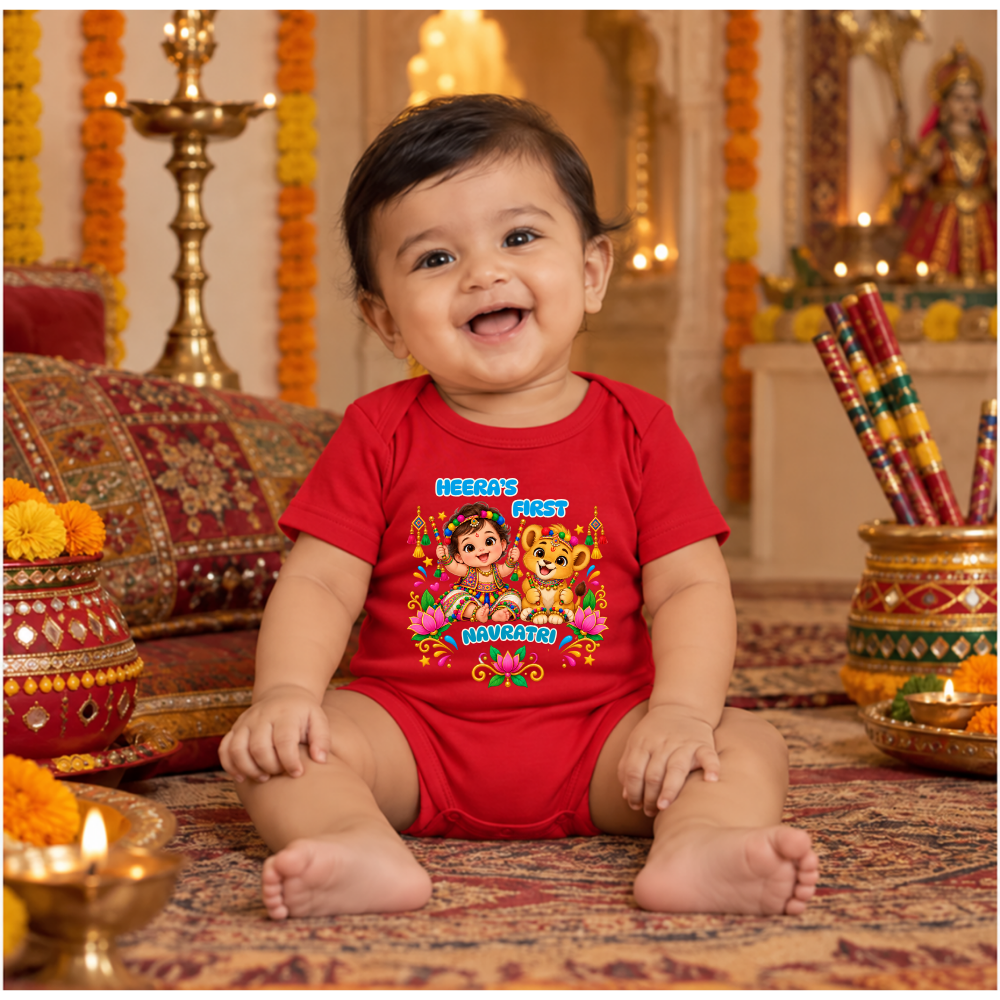 Personalized Baby’s First Navratri Red Romper | Baby & Lion Cub Design
