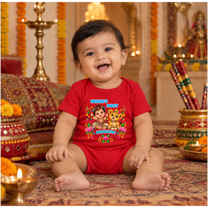 Personalized Baby’s First Navratri Red Romper | Baby & Lion Cub Design