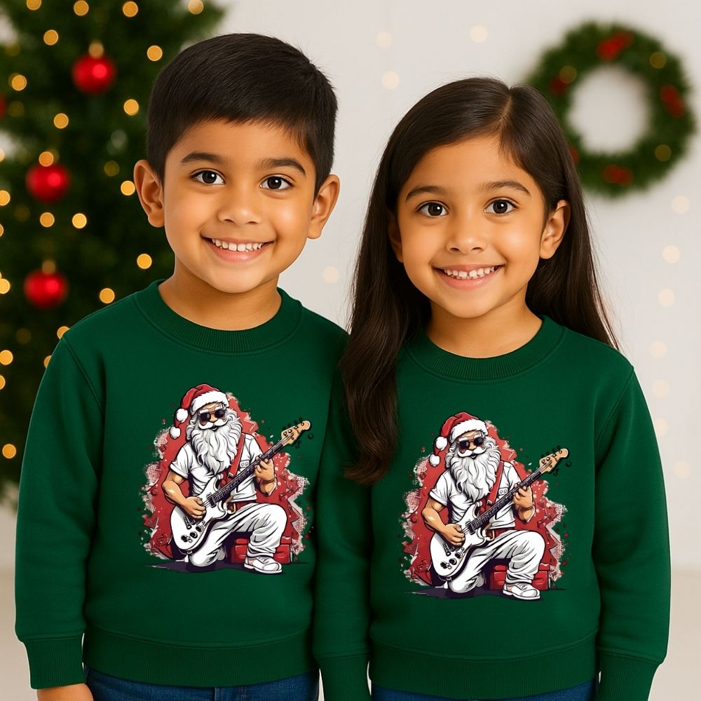 Rock and Roll Santa Print Christmas Sweatshirt for Siblings