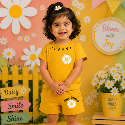 Personalized Daisy Kids Co-Ord Set | Custom Name Cotton T-Shirt & Shorts for Girls