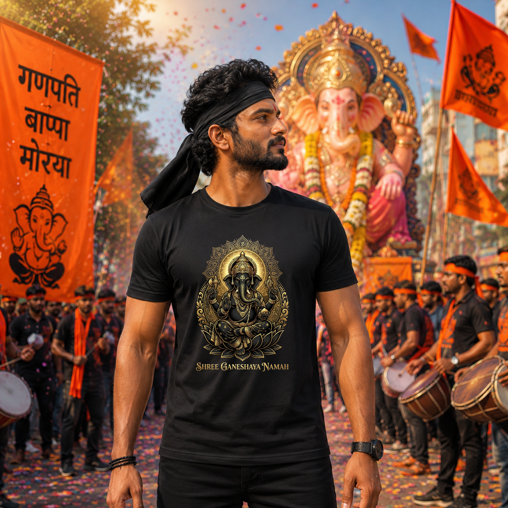 Shree Ganeshaya Namah T-Shirt for Men | Lord Ganesha Black & Gold Printed T-Shirt
