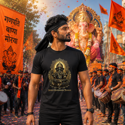 Shree Ganeshaya Namah T-Shirt for Men | Lord Ganesha Black & Gold Printed T-Shirt