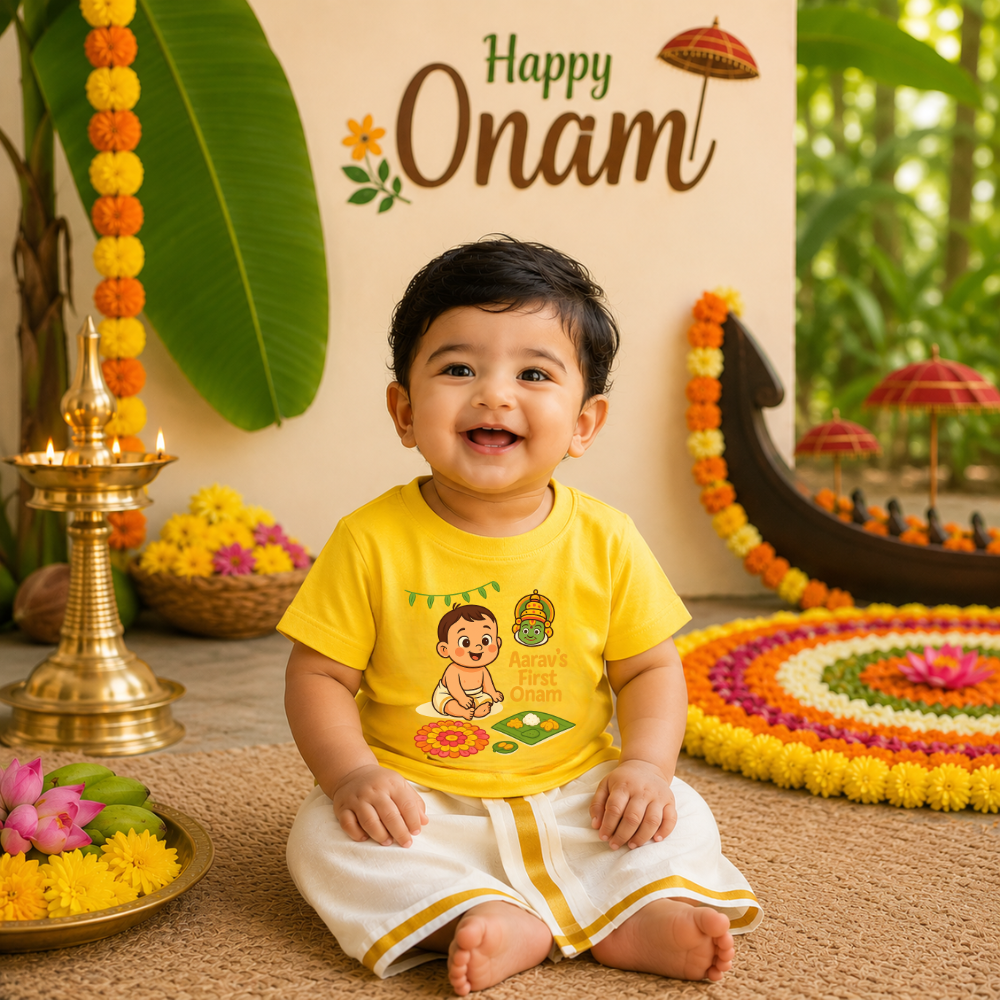 Personalized 'First Onam' Kids T-Shirt | Cute Baby Celebration Design