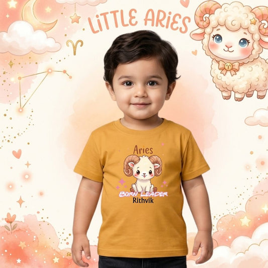 Little Aries Born Leader Personalized Kids T-Shirt | Custom Zodiac Name Tee for Boys & Girls