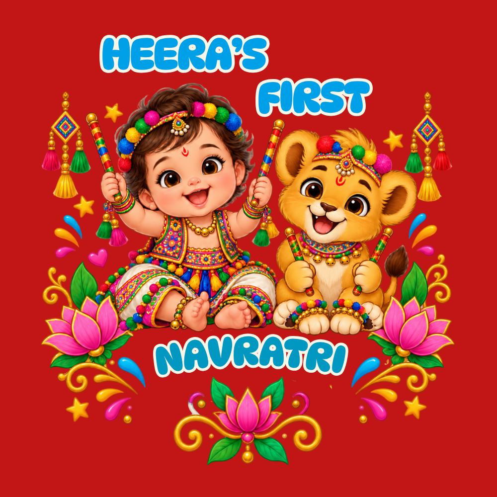 Personalized Baby’s First Navratri Red Romper | Baby & Lion Cub Design