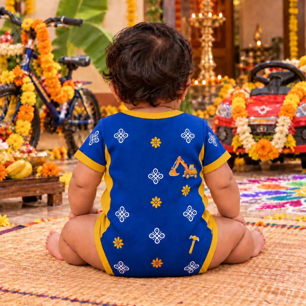 My First Ayutha Pooja Baby Jersey Romper | Blue Vehicle & Tools Print
