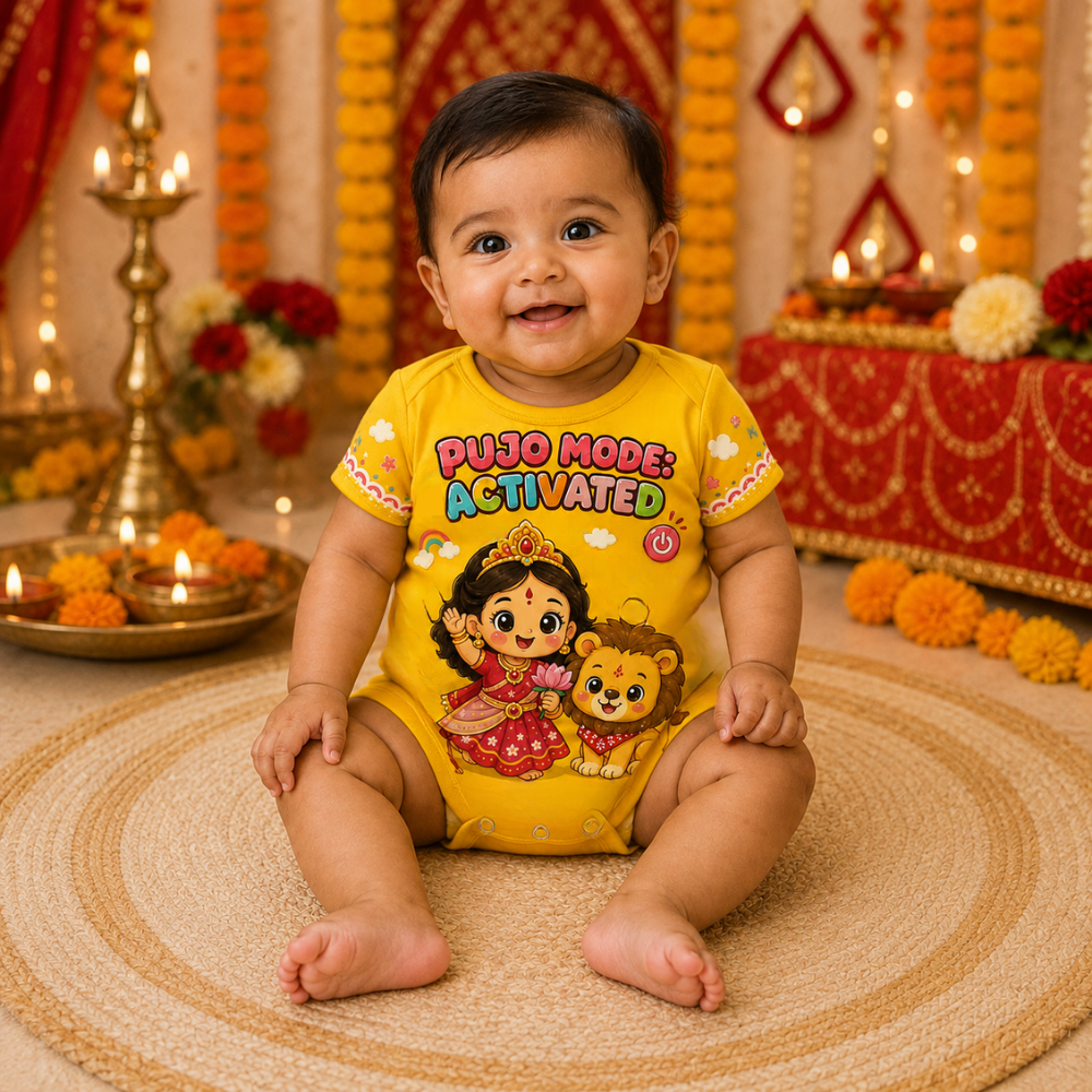Pujo Mode Activated Baby Romper | Cute Durga Puja Festive Onesie for Infants