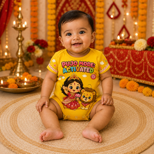Pujo Mode Activated Baby Romper | Cute Durga Puja Festive Onesie for Infants