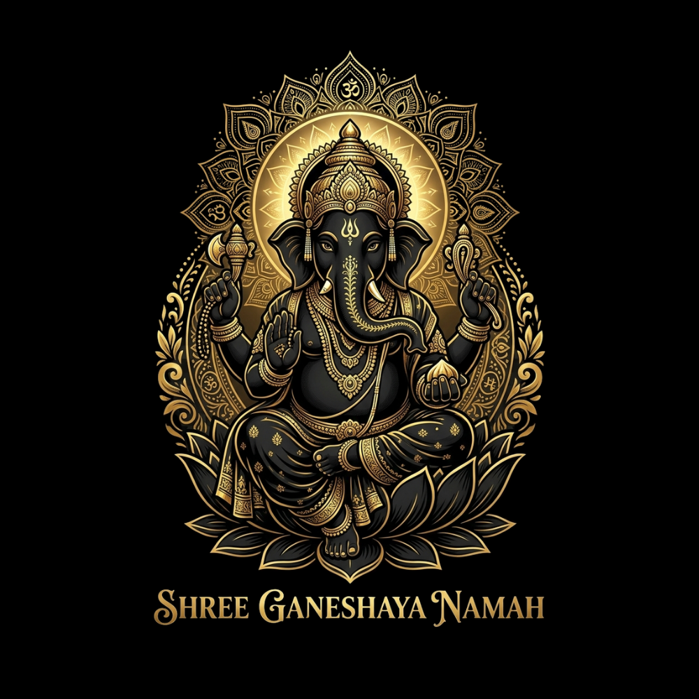 Shree Ganeshaya Namah T-Shirt for Men | Lord Ganesha Black & Gold Printed T-Shirt