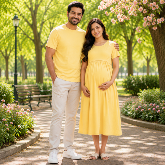 Matching Feeding Nursing Dress & Dad T-Shirt Set | Cotton Maternity Couple Outfit for New Parents