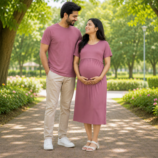 Matching Feeding Nursing Dress & Dad T-Shirt Set | Premium Cotton Maternity Couple Outfit
