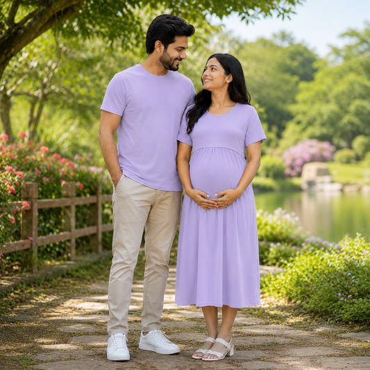 Matching Feeding Nursing Dress & Dad T-Shirt Set | Soft Cotton Maternity Couple Wear