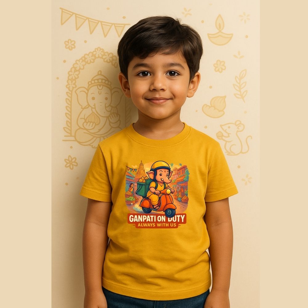 Mustard t-shirt with a cartoon Ganesha Riding Scooter for delivering Modaks