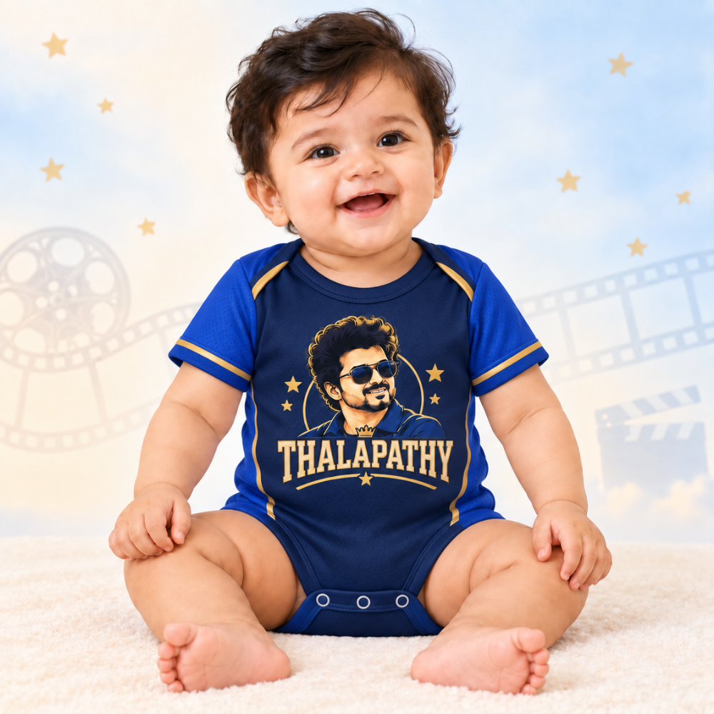 Thalapathy Vijay Baby Jersey Romper – Blue & Gold Fan Outfit